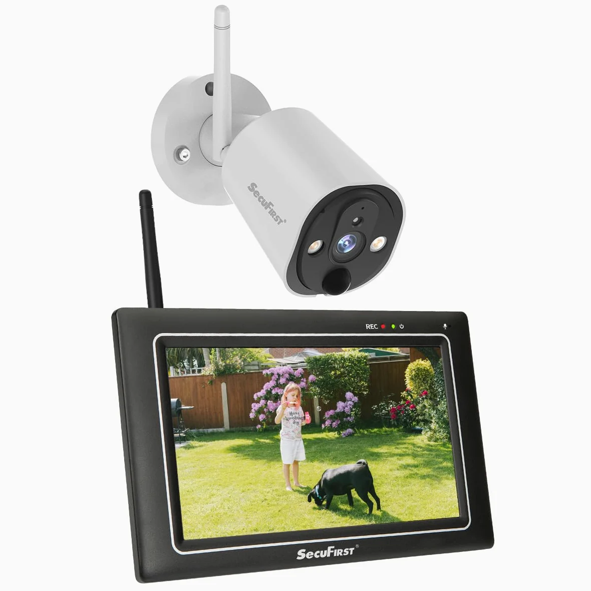 SecuFirst Kit Telecamere Videosorveglianza Esterno,Con monitor Touch Screen da 7",Lavora senza wifi,2K telecamere senza fili da esterno.64 GB di memoria,Nessun costo di abbonamento.