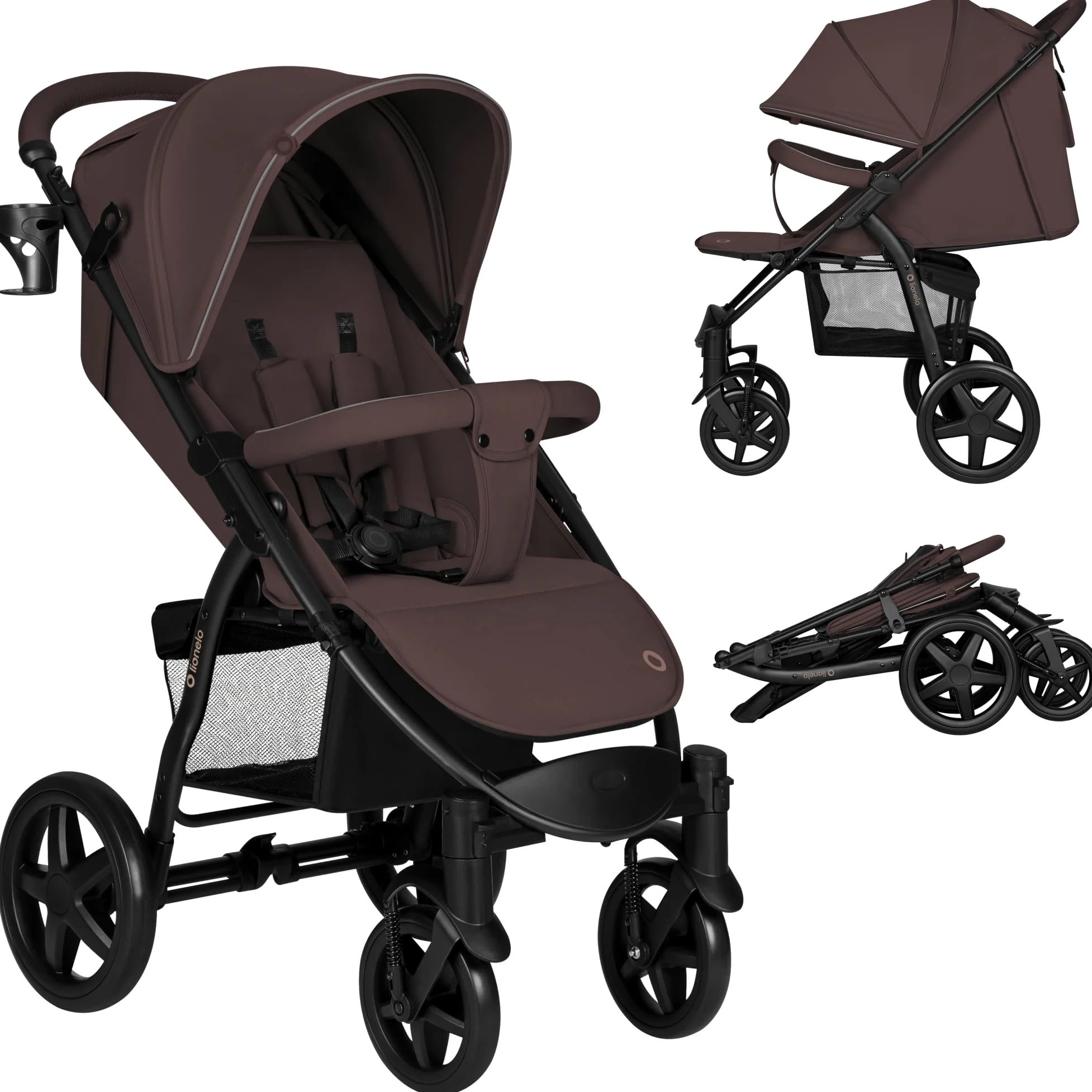 LIONELO Annet passeggino leggero pieghevole grigio regorabile con posizione sdraiata con ruote EVA cappottina XXL con zanzariera coprigambe portabibite fino 22 kg