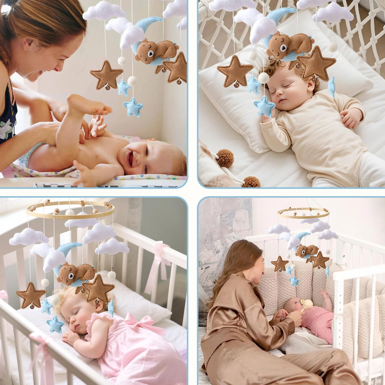 Baby Campanelli Eolici Mobile in Feltro Giostrina Culla Neonato Legno Orso Nuvole Luna Stelle Campane Decorazione Regali Neonati