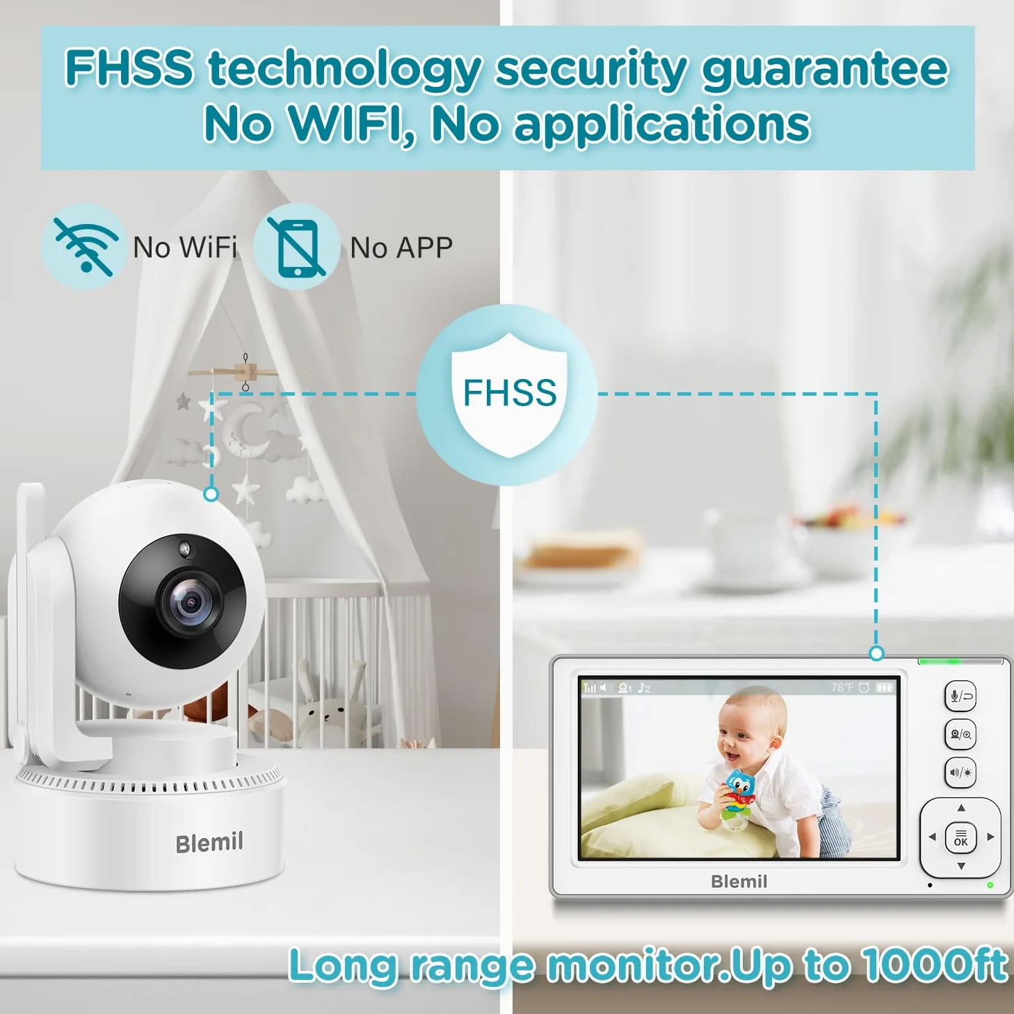 Blemil Aggiornamento Baby Monitor con batteria da 29 ore, 4,3'' IPS Split-screen Video Baby Monitor con due telecamere e audio, Pan/Tilt/Zoom remoto, conversazione bidirezionale, temperatura ambiente