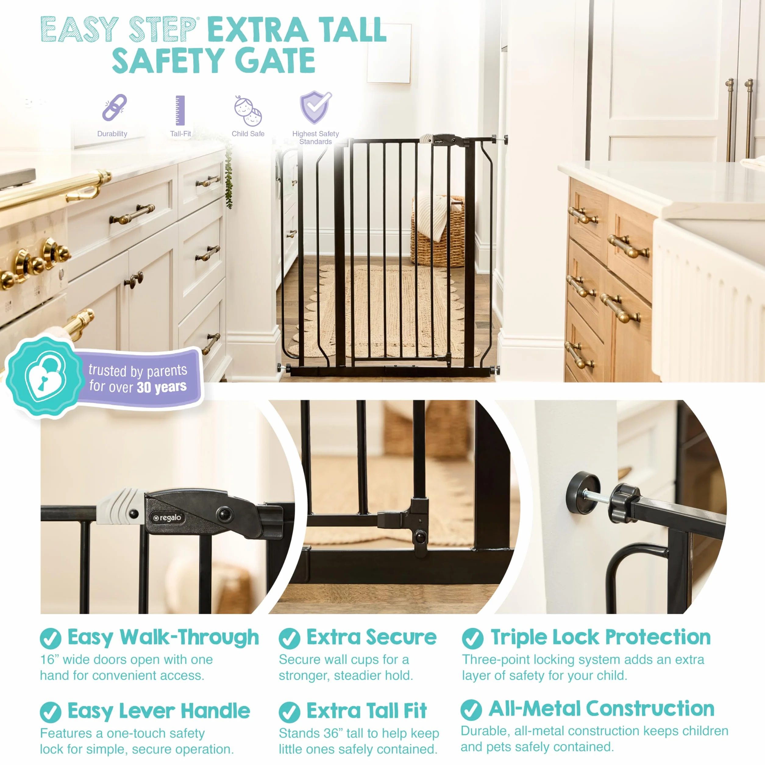 Regalo Safety 91.4cm Extra Tall Baby Gate for Doorways, Fits Openings 73.6-90cm, Pressure Mounted